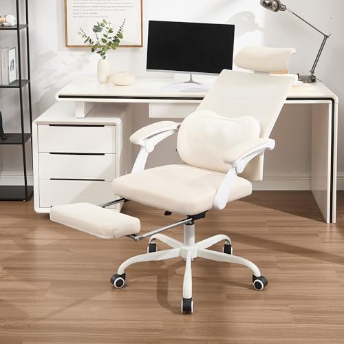 Qulomvs Ergonomic Office Chair with Massage&Heated Lumbar Support, Kneading Massage Office Chair with Foot Rest, Reclining Home Office Desk Chair Adjustable Mesh Computer Desk Chair with Wheels - color: Beige With Massager