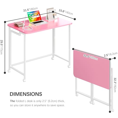 4NM 31.5" Mobile Small Rolling Computer Desk, Folding Laptop Cart Table with Wheels, Portable Office Desk for Small Space Couch Bed - Pink and White - color: Pink and White, size: 31.5"