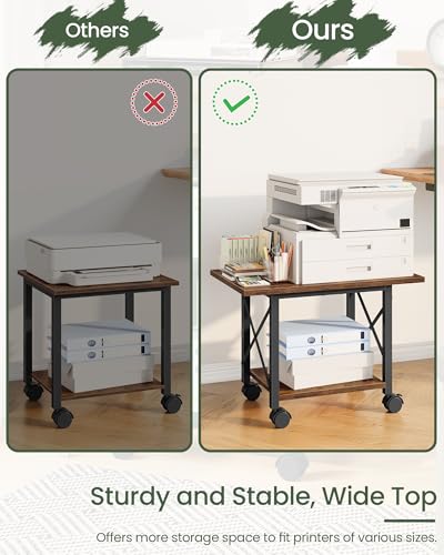 Printer Stand, 23.6" Under Desk Printer Table with Locking Wheels Adjustable Feet, 2-Tier Heavy Duty Printer Cart with Shelf, for Home Office, Living Room, Rustic Brown and Black TPS01BF - color: Rustic Brown