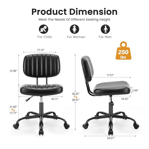 HealSmart Small Office Desk Chair with Wheels, Armless Desk Chair with Lumbar Support, PU Leather Low Back Adjustable Height 360° Rolling Swivel Task Chair Without Arm for Home, Bedroom,Office, Black - color: Black