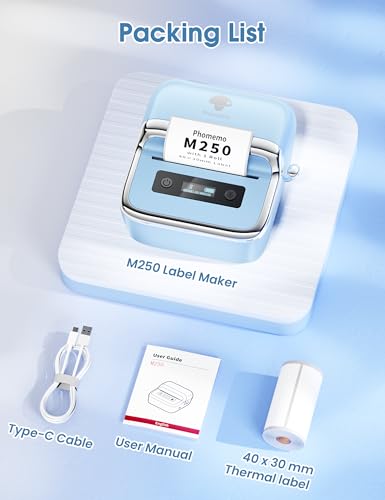 Phomemo M250 3" Label Maker, Thermal Barcode & Address Printer | Label Printer for School, Business, Home & Logos, Sticker Printer Compatible with Phones & PCs, with 100 Labels, 40x30mm - color: Blue