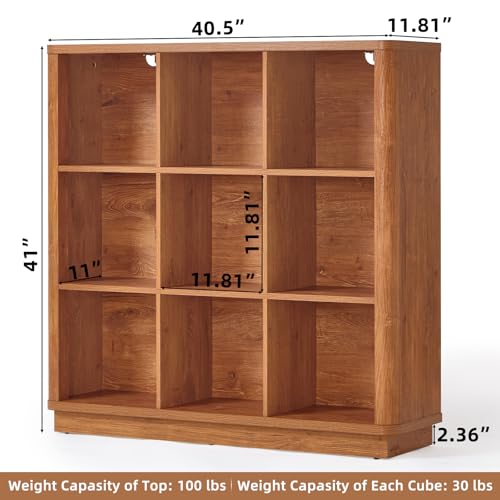 Joaxswe 9 Cube Storage Book Shelf, 40.5" Wide Organizer Bookshelf with Curved Edge, Wood Floor Standing 3-Tier Cubby Bookcase with Base, Country Rustic Display Book Case for Library, Office, Brown - color: Brown, size: 9 Cube (11.81"D x 40.5"W x 41"H)
