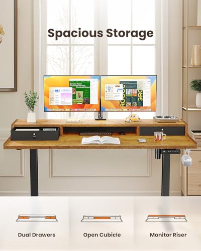 ErGear Electric Standing Desk with Drawers, 48″ x 24″ Gaming Table Compatible Monitor Stand, Stand up Desks, Home Office Height-Adjustable Desk with Storage Shelf, 4 Preset Heights, Vintage Brown - color: Vintage Brown, size: 48" X 24"
