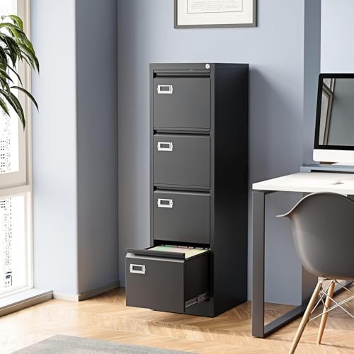 4 Drawer File Cabinet,Black Metal Filing Cabinets with Lock,Metal Vertical Filing Cabinets for Home Office,Steel Storage Cabinet fits Letter/Legal/A4 Size(Assembly Required) - color: Black, size: 52.5"H x 15"W x 17.7"D