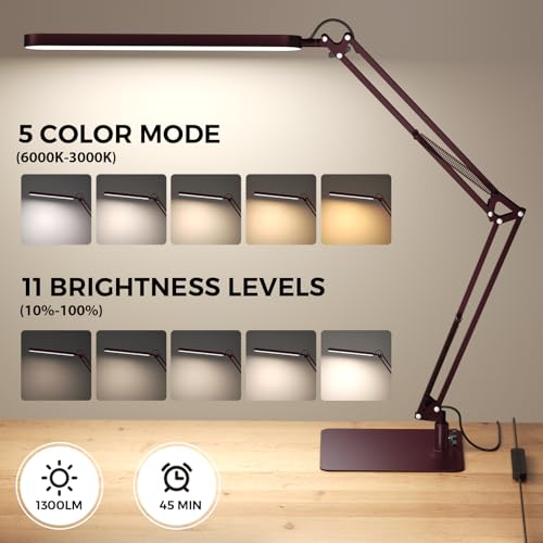 SKYLEO LED Desk Lamp with Slim Base - Adjustable Swing Arm Desk Light, Dimmable, Timer, Eye Protection, Memory Function, 1300LM, 12W, Red - style: Red swing arm with Base