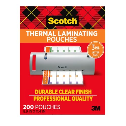 Scotch Thermal Laminating Pouches, 200 Count, Clear, 3 mil. | Ideal Office or School Supplies, Fits Letter Sized Paper (8.9 in. × 11.4 in.) - size: 200-Pack