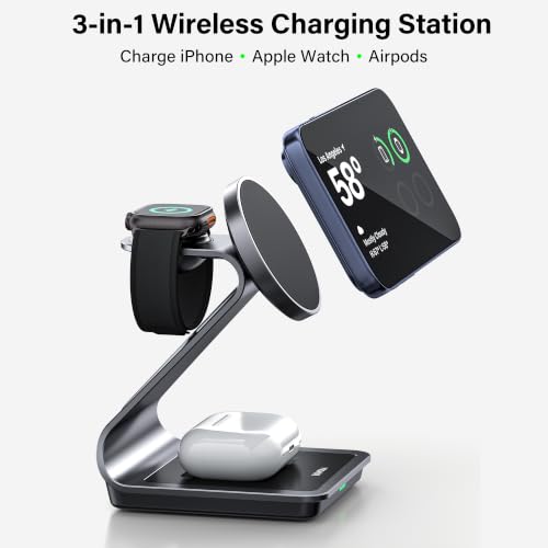 3-in-1 Wireless Charging Station for iPhone 17/16/15/14/13/12 Series, Apple Watch & AirPods, Aluminum Magnetic Charger Stand, MagSafe Compatible Fast Charging Dock for Multiple Devices