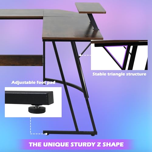 Gaming Desk L Shaped Desk, 50.4” Large Desk Computer Desk with Shelves & Carbon Fiber Desktop, Wood Desk Table Computer Table Writing Desk Work Desk pc desk for Bedroom Office Dorm Small Space, Brown - color: Brown