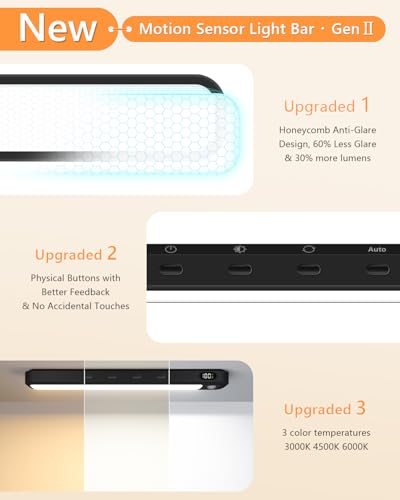 WILLED Under Cabinet & Closet Lights, Motion Sensor, Rechargeable, Magnetic, 3 Color Temps, Dimmable LED Light Bar for Indoor Kitchen Counter (2 Pack, Black) - color: Black