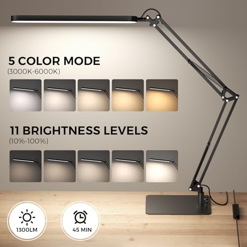 SKYLEO LED Desk Lamp with Slim Base - Adjustable Swing Arm Desk Light, Dimmable, Timer, Eye Protection, Memory Function, 1300LM, 12W, Black - style: Black swing arm with Base