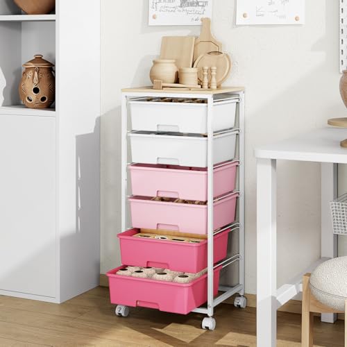 6 Drawer Rolling Storage Cart with Wooden Top and Wheels for Crafts, Pink - color: Pink