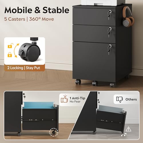 DEVAISE 3 Drawer Wood File Cabinet with Individual Locks, Black - color: Black