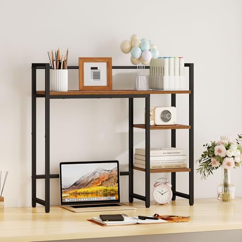 Snughome Desk Shelf, 31.9" Desktop Organizer Shelf, Desk Hutch for Computer Monitor, 4 Tier Desk Top Display Rack, Wood Desktop Bookshelf Storage Rack for Home Office Dorm, Rustic Brown - color: Rustic Brown, size: 31.9"