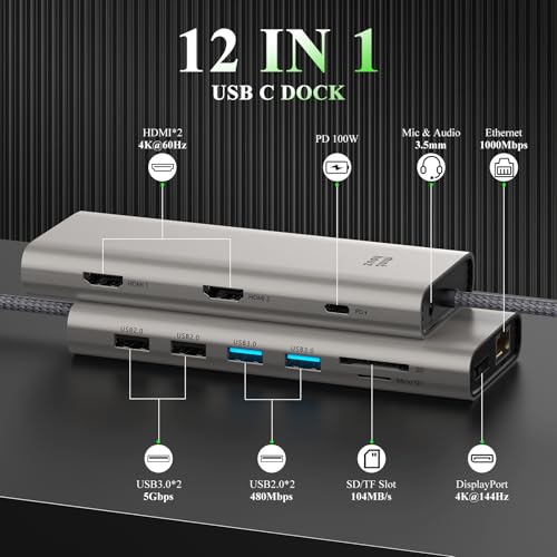 Minthouz Laptop Docking Station,12 in 1 USB C Hub Dual Monitor HDMI | 4K Dual DP+HDMI,2 5Gbps+2 480Mdps,100W PD,SD/TF+Audio USB C Hub for MacBook Pro, MacBook Air, Dell and More