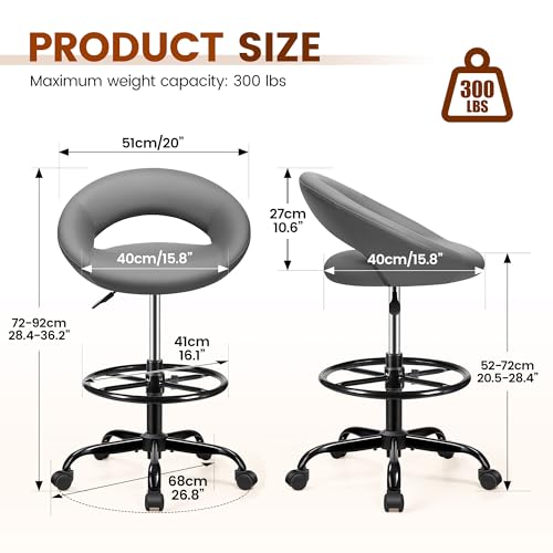 Drafting Chair for Standing Desk, Counter Height Rolling Stool | Adjustable Barstool with Footrest & Back Support, 360° Swivel Caster, PU Leather, for Home Office Salon Kitchen Garage, Gray - color: Grey, size: 1 Pack