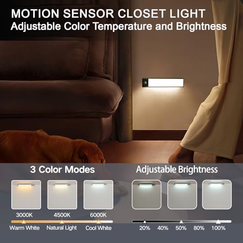 Under Cabinet Lighting, 3200mAh Motion Sensor Light Indoor, 2 Pack | 8 Inch, Cool White, 5-Level Dimmable, USB-C Rechargeable, 10s/20s Timer, Magnetic Under Counter Lights for Kitchen - size: 8 Inch