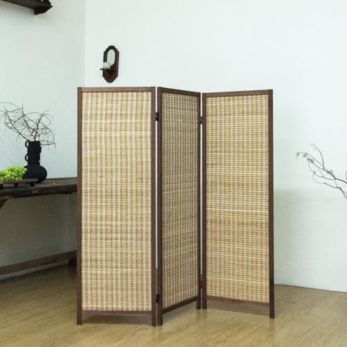 3 Panel Short Room Divider – 3.9 ft Tall Double-Side Folding Privacy Screen, Natural Brown Bamboo Partition Wall for Home Office, Living Room & Corner Spaces - color: Brown, size: 3 Panel