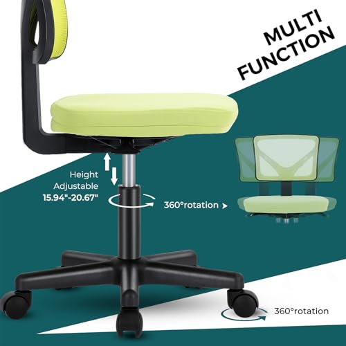 DUMOS Armless Desk Chairs, Small Home Office Mesh Chairs | Ergonomic Adjustable Mid Back, Swivel Rolling Task, Computer Work Vanity Small Spaces, Bright Green - color: Bright Green, size: 1pc