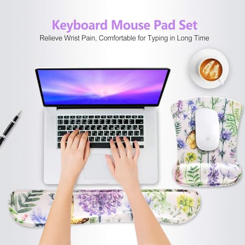 Keyboard Pad Wrist Rest Mouse Pad, ToLuLu Gel Ergonomic Mouse Pads for Computer Laptop Office, Mousepad Keyboard Wrist Support Memory Foam for Easy Typing & Pain Relief, Purple Floral Yellow Butterfly - color: Purple Floral Yellow Butterfly