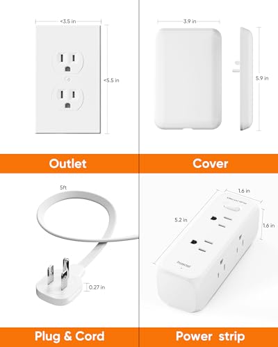 Olcorife Flat Extension Cord with Outlet Cover, Flat Plug Power Strip with 6 Outlets, 5 FT Cord Hidden Outlet Extender for Tight Spaces - size: 5 FT, style: 6AC(No USB)