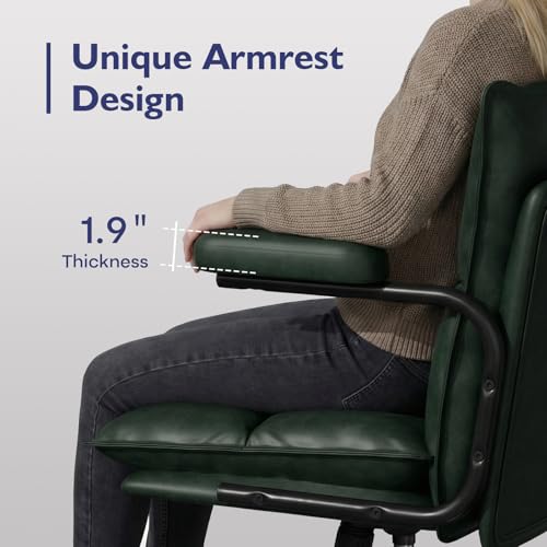 Ollega Green Petite Office Chair for Women Small to Medium Frame, Mid Century Modern Desk Chair with Arms, Soft Back&Seat, Adjustable Height, Wheels, Vintage Leather Computer Chair for Small Space