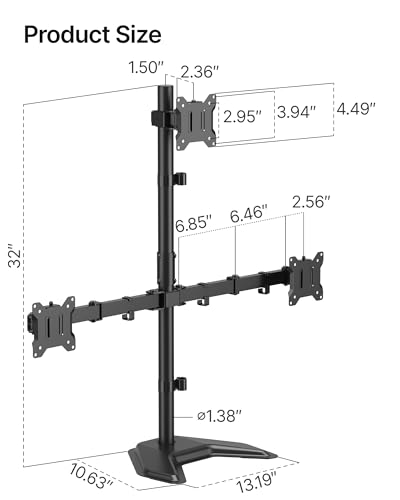 monTEK Freestanding Triple Monitor Stand for 17-32" Screens, 22 lbs Each | Solid V-shaped base, three-screen full-motion arms, height adjustment, tilt, swivel, rotation and VESA 75/100 - size: Triple Monitor