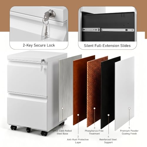 Approgreent 2 Drawer Metal File Cabinet, Fully Assembled Locking Filing Cabinet with Anti-Tipping Wheels, Quiet Slide, Heavy-Duty Steel Construction, Fits A4 Letter Legal for Home Office, Matte White - color: 03-b White