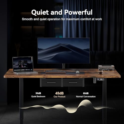 HLDIRECT 63" Electric Standing Desk with Outlets & 2 Drawers, Rustic Brown | 31.5" Extra Wide Desktop Up to 176lb, 28"–46" Height Range & 3 Memory Presets, Integrated Cable Management, Quick Assembly - color: Rustic Brown, size: 63 inch