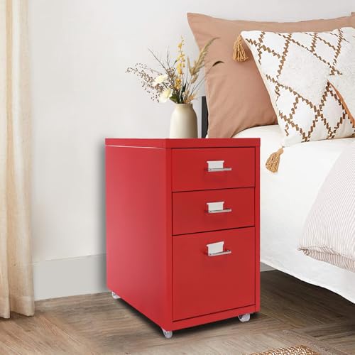 3 Drawers File Cabinet, 16 * 11 * 18.9In Aluminum Alloy Mobile Filing Cabinet Rolling Filing Cabinets Rectangular Storage Cabinets with Lock&4 Wheels for Kitchen Bedroom Living Room (Red) - color: Red