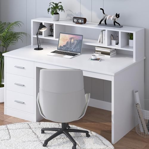 MaverickFurni White Desk with Drawers, 46" Home Office Desk with Hutch and Storage, Small Desk with 3 Drawers for Bedroom, White - color: White