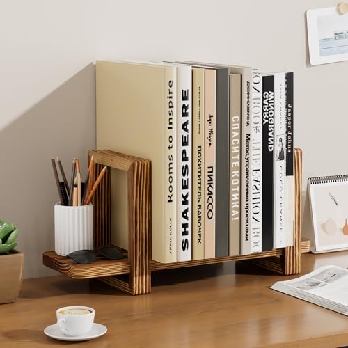 Adjustable Desktop Bookshelf, Wooden Tabletop Bookshelf, Small Desk Shelf for Home, Living Room, Class, Dorm - color: Carbonized