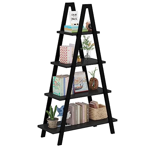 Recaceik 4-Tier A-Shaped Ladder Bookshelf, Industrial Wooden Bookcase with Metal Frame, Farmhouse Open Display Shelves for Living Room, Bedroom, Office - color: Black