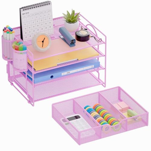 Marbrasse Desk Organizer, 4-Tier Paper File Letter Tray, Purple-2P | Sturdy Paper Tray, File Holder, Built-in Drawer, 2 Pen Slots, fits Letters/Files, for School Home Office Supplies - color: Purple with Pen Holder 2P