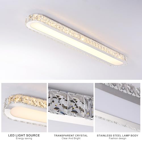 Qcyuui Dimmable LED Ceiling Light 39.4'' Kitchen Lighting Fixtures Ceiling Modern Luxury Crystal Ceiling Light with Remote Chrome Long Ceiling Light Fixture for Kitchen Dining Room Hallway,48W - color: Chrome/Dimm/48W/39.4IN/Crystal, size: 39.4in