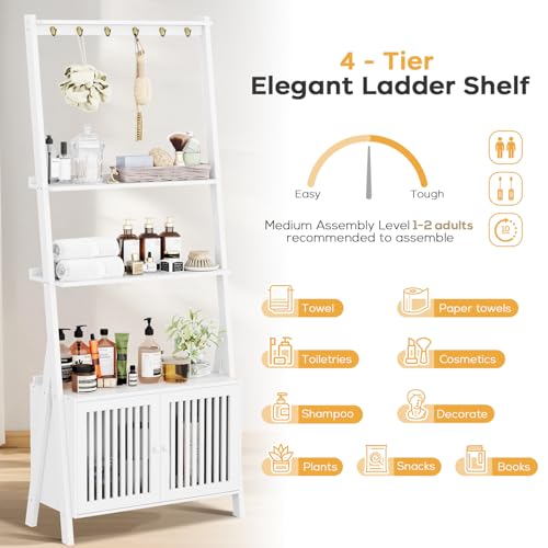 Ladder Shelf with Drawers, Bookshelf 4-Tier Bamboo Bookcase with 6 Hooks - color: 4-tier White