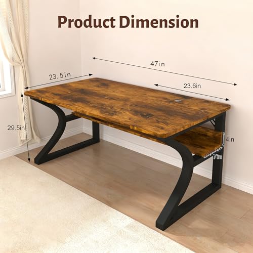Oraspala Computer Desk 47 Inch Large Comouter Desk Home Office Desks with Storage Shelf Working Desk with Stable C-Shaped Legs Spacious Desktop for Home Office Gaming & Study (Brown, 47inch)