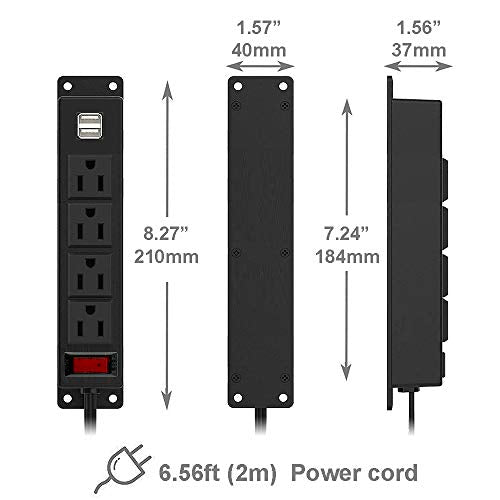 Mountable Power Strip with USB Ports,Wall Mount Power Outlets Screw Down Power Socket in Desk Under Cabinet Power Station 4AC Outlet 2 USB 6.56 Feet Extension Cord, On&Off Switch Black - size: 4AC+USB