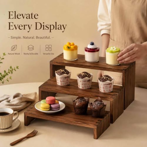 Set of 3 Wooden Display Risers, Tiered Display Stand, Shelf Risers for Table Display, Small Wood Display Shelf - color: Cranberry