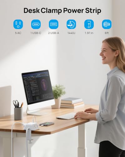 TROND Desk Clamp Power Strip, Desk Mount Charging Station with 5 AC Outlets | Surge Protector with 3 USB Ports, Fit 1.97in Tabletop Edge Thick, 6FT Flat Extension Cord for Home Office Accessories, White - color: White, size: 6FT (2U1C)