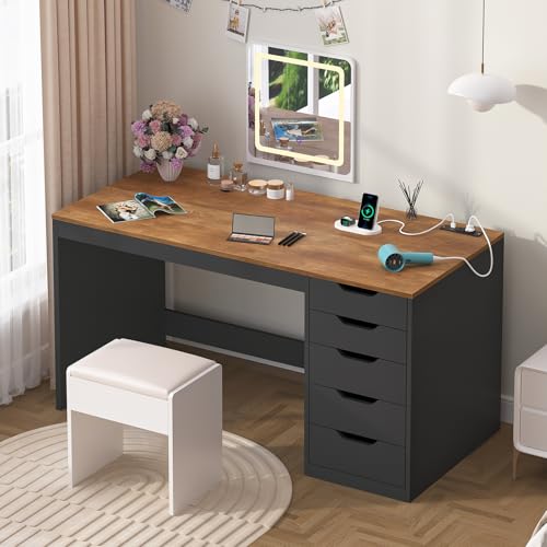 47 Inch Computer Desk with 5 Drawers and Power Outlets for Small Spaces - color: Brown and Black, size: 47inch-5drawers