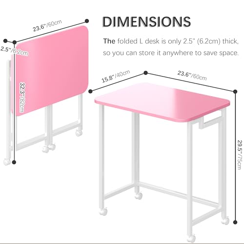4NM 23.6" Mobile Small Rolling Computer Desk, Folding Laptop Cart Table with Wheels, Portable Office Desk for Small Space Couch Bed - Pink and White - color: Pink and White, size: 23.6"
