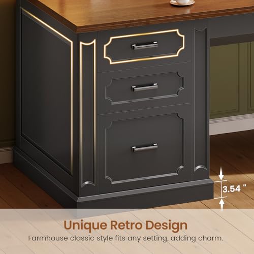 SEDETA 67" Farmhouse Executive L Shaped Desk with Hutch | Office Desks with 4 Drawers & Storage,Executive Desk,File Drawer,Power Outlet,Black+Brown - color: Black+brown, size: 67" L Shaped Desk with Hutch