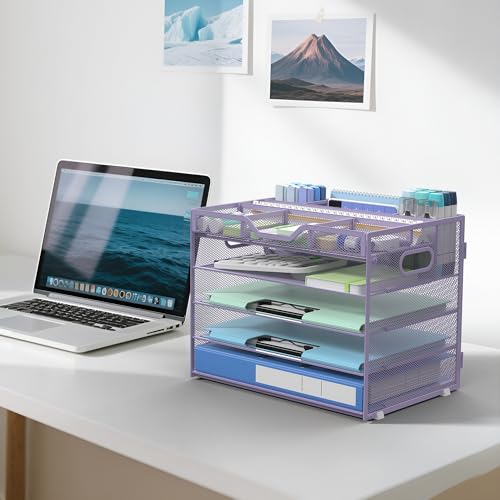 Docnest 5 Tier Mesh Desk Organizer with Removable Tray&Pen Holder, Purple - color: Purple, size: 12.6"x9.1"x10.3"