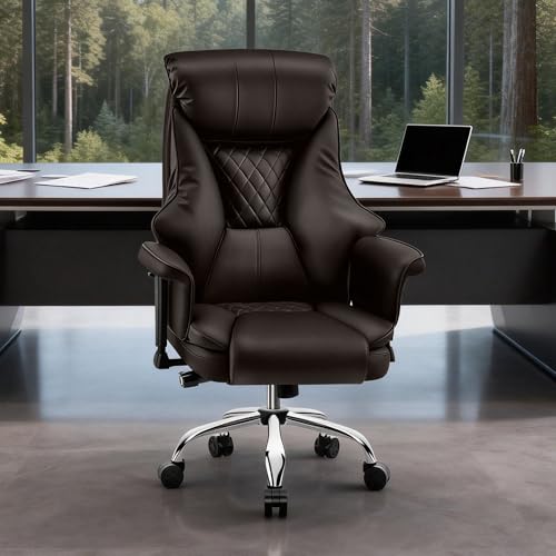 Big and Tall Office Chair - Executive High Back Leather Office Desk Chair with Adjustable Lumbar Support - Ergonomic Comfortable Heavy Duty Computer Gaming Chair with Padded Arms & Wide Seat - color: Brown