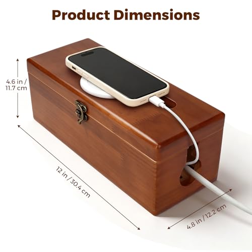 Cable Management Box with Clasp, Soild Wood Cord Box with 4 Open Slots, Cable Box to Hide Cords and Power Strip - size: Medium