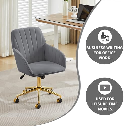 YITAI Velvet Office Desk Chair with Wheels and Gold Base,Modern Height Adjustable 360 Degree Swivel Upholstered Vanity Chairs with Arms for Living Room Bedroom, Study,Gray - color: Gold Gray