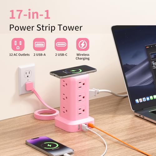 Extension Cord with Multiple Outlets, SMALLRT Outlet Extender with 12 AC Outlets 4 USB, 6.5FT Power Strip Tower for Home Office Supplies, Pink - color: Pink, size: 6.5 Ft with wireless charging