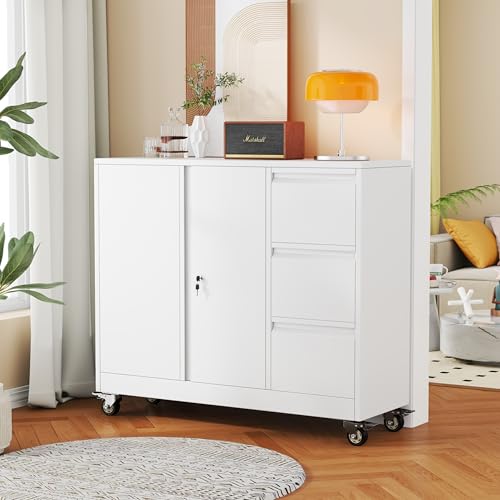 winiowa Mobile 3-Drawer File Cabinet with Wheel, Metal Lateral Rolling Printer Stand Filing Cabinets with Lock, Office Storage Cabinet for Office, Home, Garage, School, Gym-White - color: White