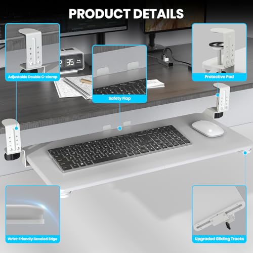 Large Keyboard Tray Under Desk, Pull Out Keyboard & Mouse Tray for Typing - color: White