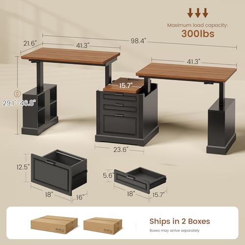SEDETA 98.4'' Standing Two Person Desk with 3 Drawers, Storage Cabinet | Farmhouse Long Computer Desk, Electric Height Adjustable 2 Person Desk with Power Outlets for Home Office, Black+Brown - color: Black+brown, size: 98.4 inches